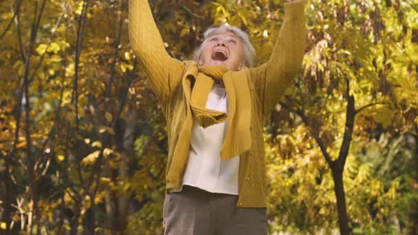Старшая Женщина Рвет Осенние Листья Наслаждается Беззаботной Жизнью Обеспеченной Старости — стоковое видео