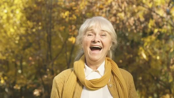 Mujer Anciana Emocionada Lanzando Hojas Amarillas Disfrutando Naturaleza Otoñal Parque — Vídeo de stock