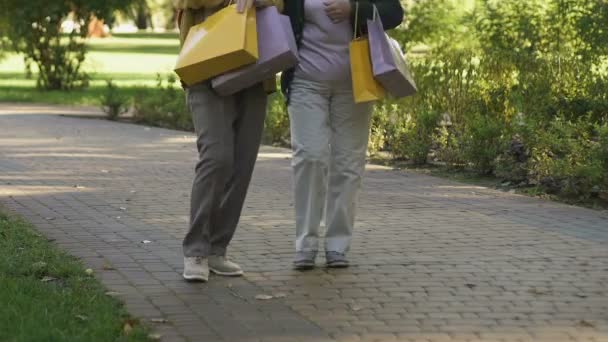 Las Mujeres Mayores Caminando Junto Con Bolsas Compras Parque Amistad — Vídeo de stock