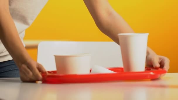 Slim Female Student Carrying Fast Food Tray Cafeteria Sitting Table — Stock Video