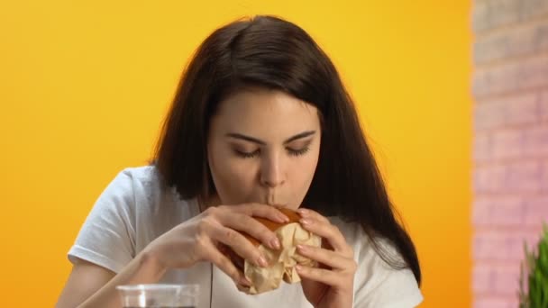 食欲不振 ファーストフードの不健康な食事脂肪のハンバーガーを噛んで空腹のブルネット — ストック動画