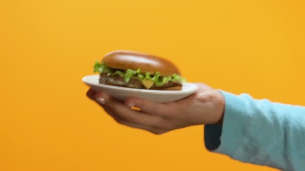 Vrouwelijke Handen Nemen Van Vette Cheeseburger Aangeboden Door Persoon Fastfood — Stockvideo