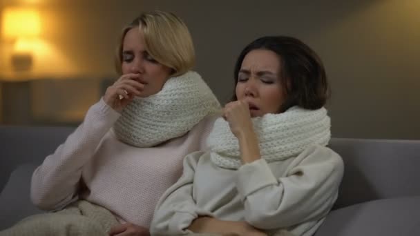 Young Ill Women Scarfs Lying Bed Coughing Flu Virus Quarantine — Stock Video