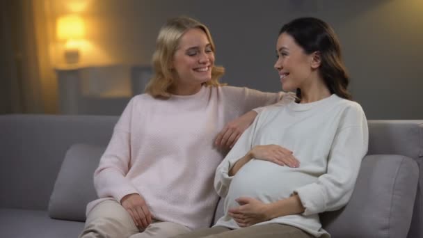 年轻女子和怀孕的朋友坐在沙发上 快乐的未来母亲 — 图库视频影像