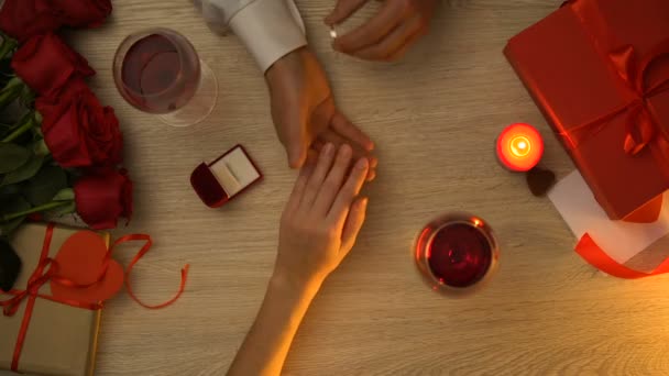 Man Wearing Engagement Ring Womans Hand Romantic Date Valentine Day — Stock Video