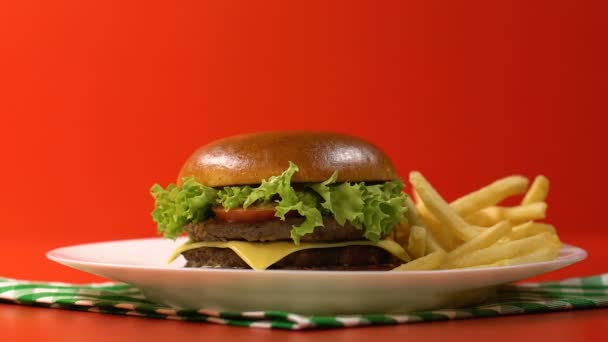 Patates Kızartması Hızlı Yemek Festivali Ile Lezzetli Burger Gösteren Kişi — Stok video