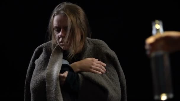 Alcoholic Female Greedily Drinking Vodka Bottle Miserable Life Disgust — Stock Video