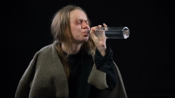 Female Beggar Bruises Face Drinking Vodka Disgust Alcohol Addiction — Stock Video