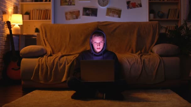 Teenager Playing Game Laptop Suddenly Goes Cyberattack Computer Viruses — Stock Video