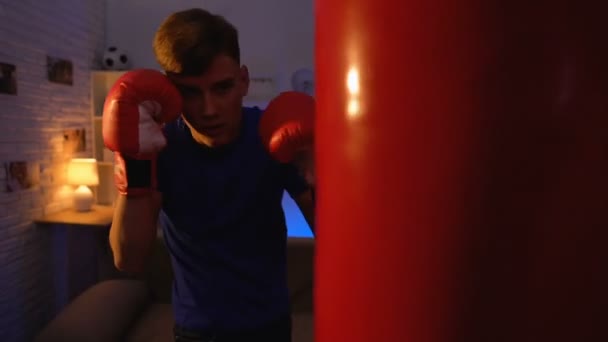 Joven Estudiante Golpeando Bolsa Boxeo Liberando Emociones Negativas Reduciendo Estrés — Vídeo de stock