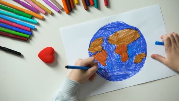 Child Painting Earth Putting Heart Sign Peace All World Concept — Stock Video