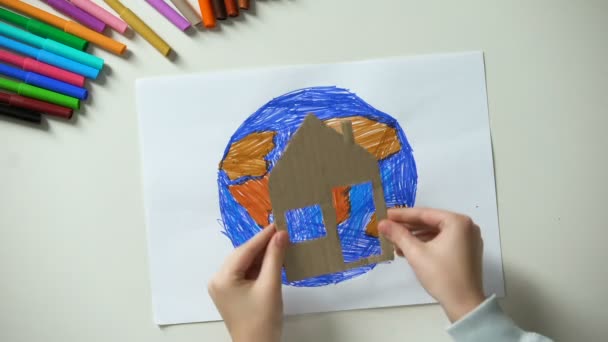 Kid Putting Paper House Heart Sign Earth Painting World Our — Stock Video