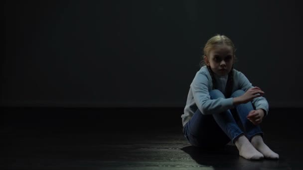 Scared Little Girl Sitting Alone Dark Room Loneliness Bullying Concept — Stock Video