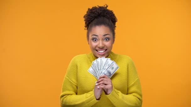 Excited African American Woman Holding Bunch Dollars Lottery Winner Fortune — Stock Video