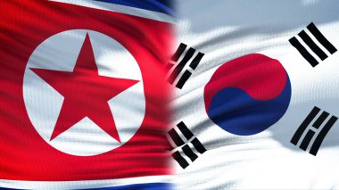 Kuzey Kore ve Güney Kore bayrakları arka plan, diplomatik ve ekonomik ilişkileri