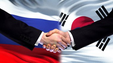 Rusya ve Güney Kore el sıkışma, Uluslararası dostluk, arka plan bayrak