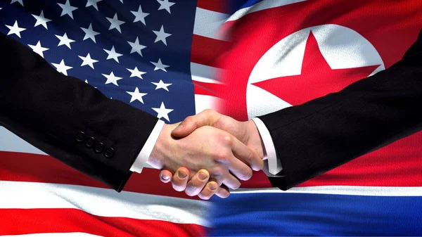 Eua Norte Coreano Aperto Mão Fundo Bandeira Amizade Internacional Finanças — Fotografia de Stock