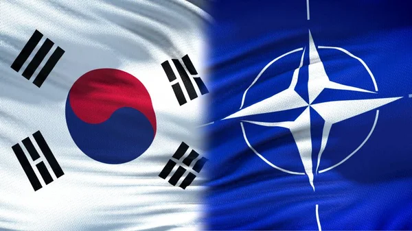 Bandeiras Coreia Sul Otan Antecedentes Relações Diplomáticas Econômicas — Fotografia de Stock