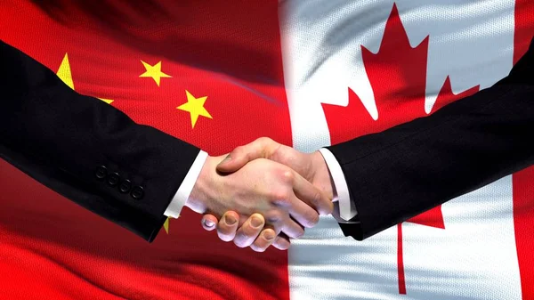 Китай Канада Рукопожатия Международные Отношения Дружбы Флаг Фон — стоковое фото