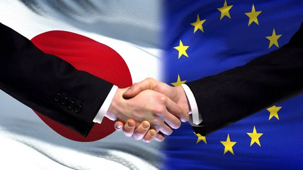 Японія Європейський Союз Рукостискання Міжнародних Дружби Прапор Фону — стокове фото