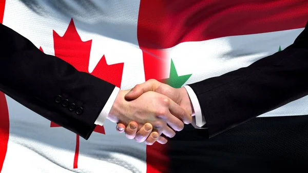 Canada Syrië Handdruk Internationale Vriendschap Relaties Vlag Achtergrond — Stockfoto