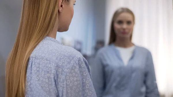 Upset Female Pajamas Looking Mirror Suffering Insomnia Statistic — Stock Photo, Image