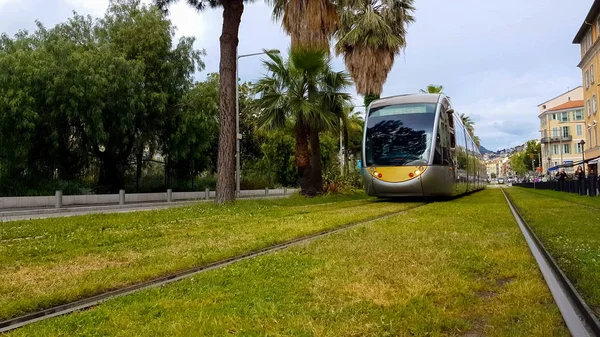 Trem Moderno Movendo Longo Rua Verde Ecologia Cidade Proteção Ambiental — Fotografia de Stock