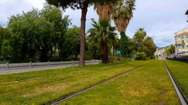 Rua Ensolarada Verde Com Ferrovias Lugar Confortável Para Viver Meio — Fotografia de Stock