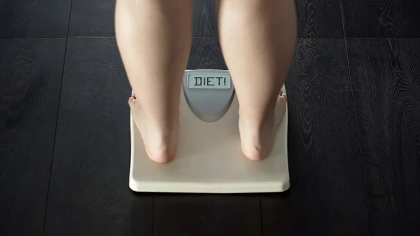 Fat Girl Standing Scales Word Diet Written Screen Problem Health — Stock Photo, Image