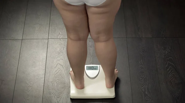 Obese Female Standing Bathroom Scales Check Body Weight Fat Rear — Stock Photo, Image