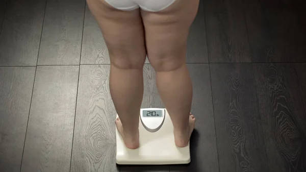 Fat Girl Measuring Body Weight Bathroom Scales Problems Overeating — Stock Photo, Image