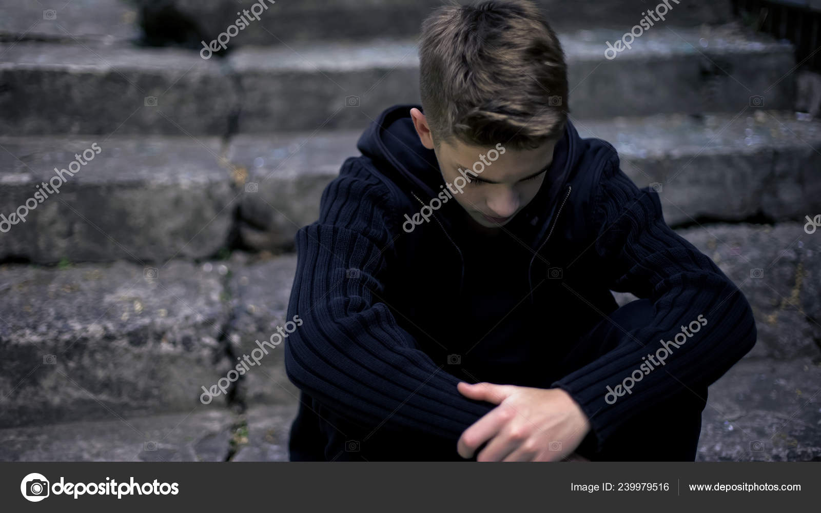 Sad Teen Sitting Old Cracked Steps Feeling Grief Sorrow Parents ...