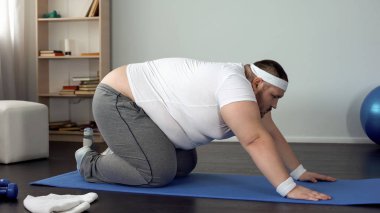 Kedi yoga uygulamak obez erkek germe sırt kasları, poz, fitness egzersiz