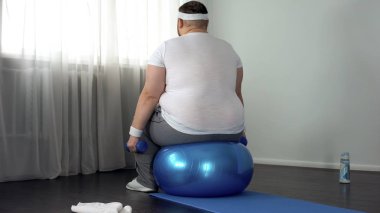 Büyük boy adam çalışırken Asansör dumbbells Fitness topu üzerinde oturan obezite ile mücadele