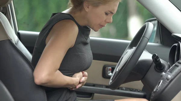Businesswoman Feeling Abdominal Pain Sitting Car Indigestion Discomfort — Stock Photo, Image