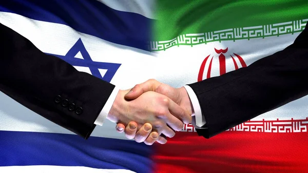 Israel Irán Apretón Manos Relaciones Amistad Internacional Fondo Bandera — Foto de Stock