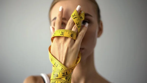 Anorexic Model Holding Measuring Tape Concept Harsh Self Restriction Food — Stock Photo, Image