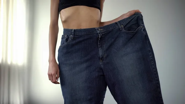 Anorexiás Lány Visel Egy Nadrág Lábát Kövér Emberek Sovány Gyors — Stock Fotó