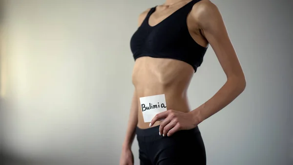 Niña Delgada Sosteniendo Nota Bulimia Cuerpo Agotado Necesita Ayuda Trastorno — Foto de Stock