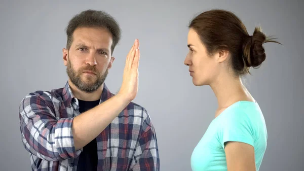 Man Showing Stop Sign Annoyed Wife Who Constantly Screaming Complaining — Stock Photo, Image