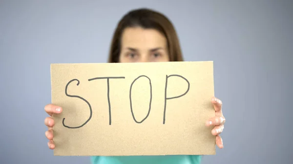 Segno Stop Nelle Mani Della Donna Cessazione Della Violazione Dei — Foto Stock