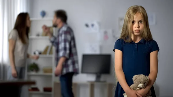 Scared Girl Toy Suffering Parents Quarrelling Unhappy Childhood — Stock Photo, Image