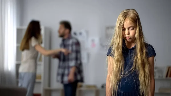 Girl Listening Parents Quarreling Childhood Trauma Mental Abuse Hotline — Stock Photo, Image