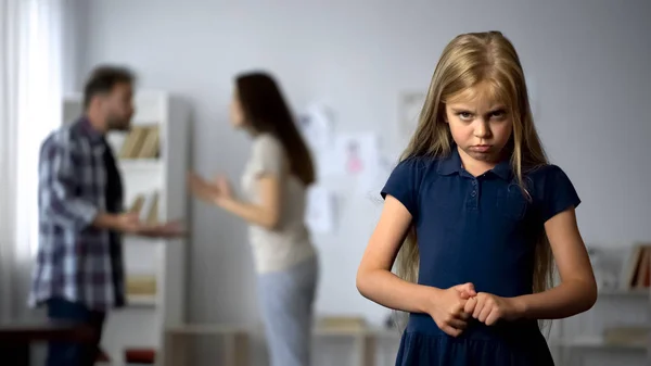 Scared Schoolgirl Unhappy See Parents Quarrel Feeling Nervous Helpless — Stock Photo, Image