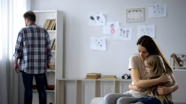 Strict Father Angry Quarrel Scared Wife Daughter Embracing Abuser — Stock Photo, Image