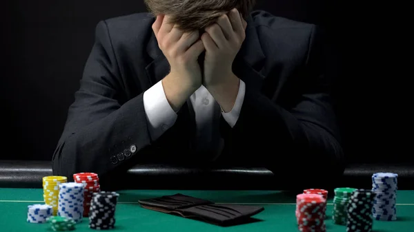 Young Devastated Businessman Losing Poker Game Casino Gambling Addiction — Stock Photo, Image