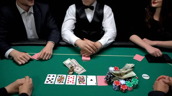 Poker Players Putting Dollars Watch Casino Table Raising Bet Bluff — Stock Photo, Image