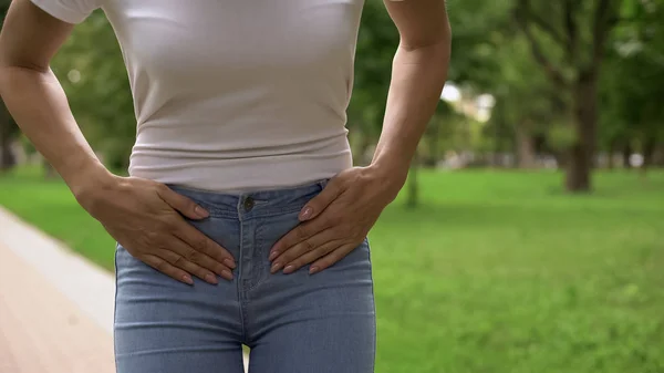 Woman feeling strong lower abdominal pain, polycystosis, gynecological problems — Stock Image Woman Feeling Strong Lower Abdominal Pain Polycystosis Gynecological Problems Stock Image