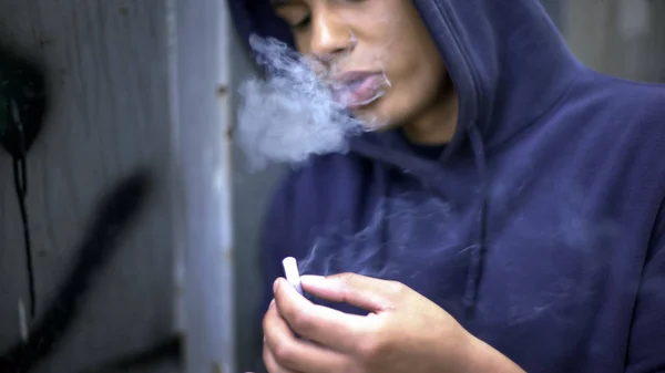 Pensive Teenager Boy Smoking Nervously Planning His Future Cruel Reality — Stock Photo, Image