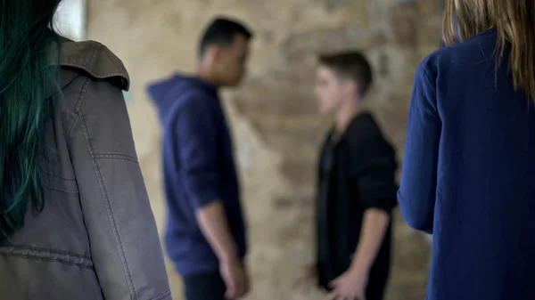 Teenage Conflict Two Boys Fighting Girl Street Violence Self Defense — Stock Photo, Image